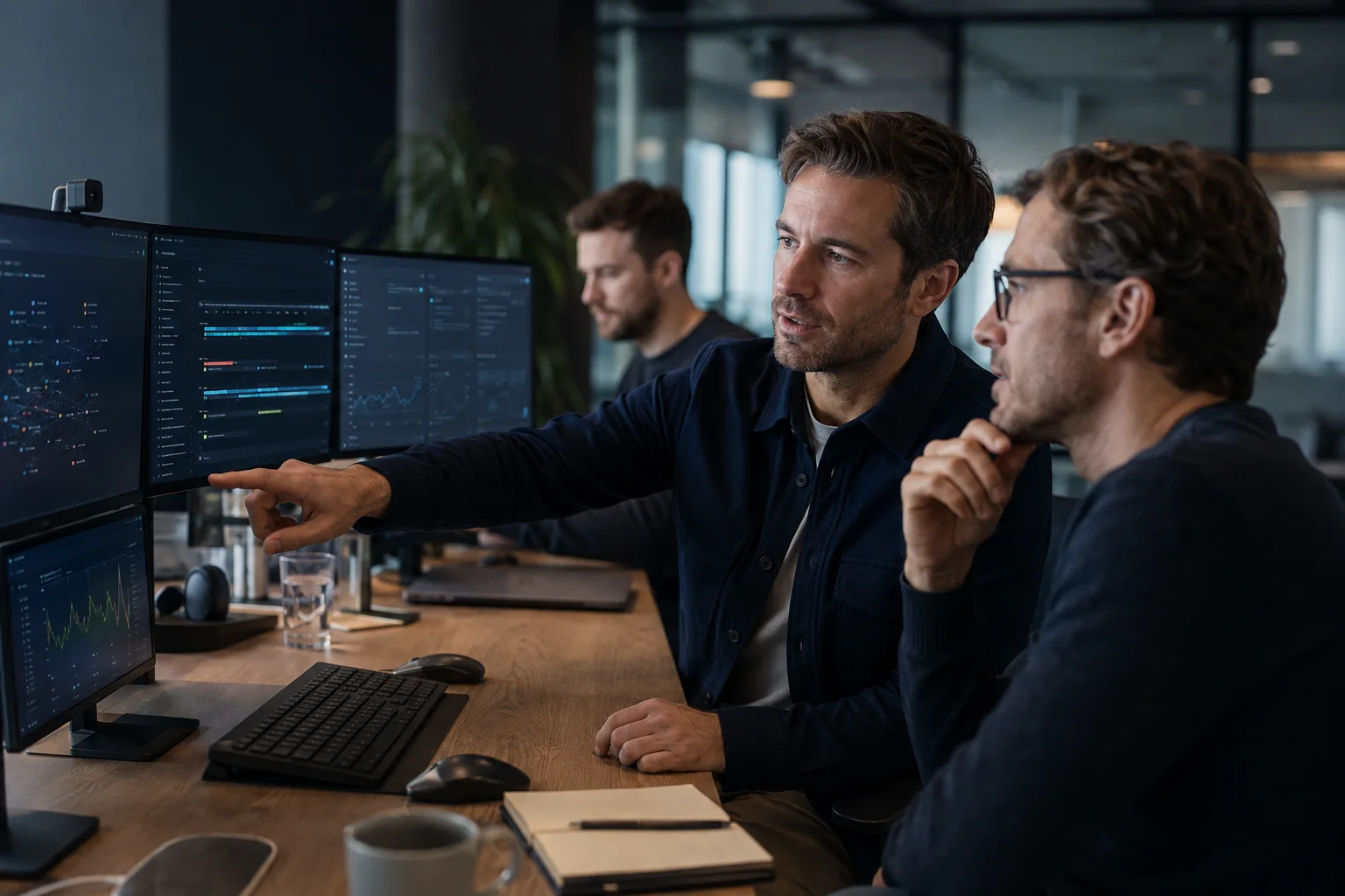 Illustratie van specialisten in cybersecurity die samen beveiligingsmeldingen analyseren in een SOC.